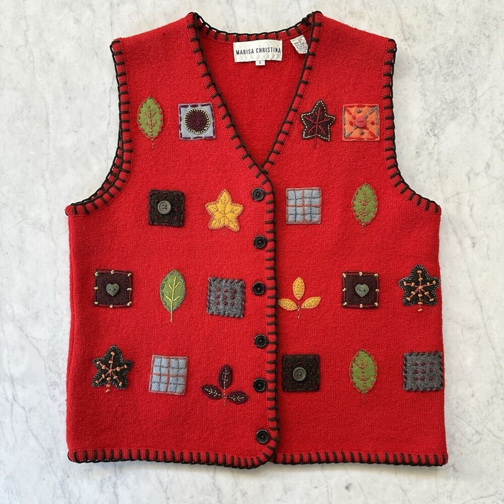 Marisa Christina Women's Small 100% Wool Vest Red Autumn Patchwork Vintage